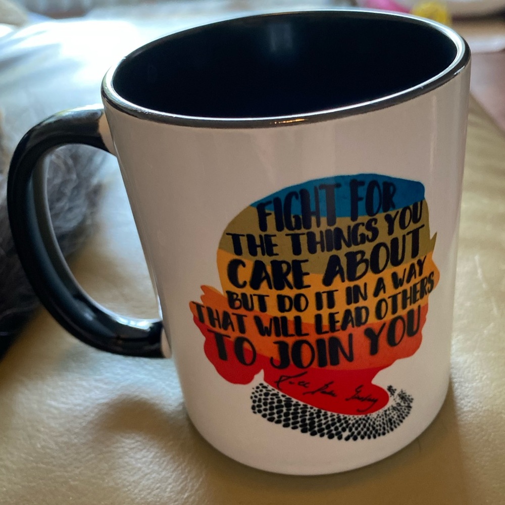 Ruth BADER Ginsburg Mug. White with Black handle and inside. Multi color outline